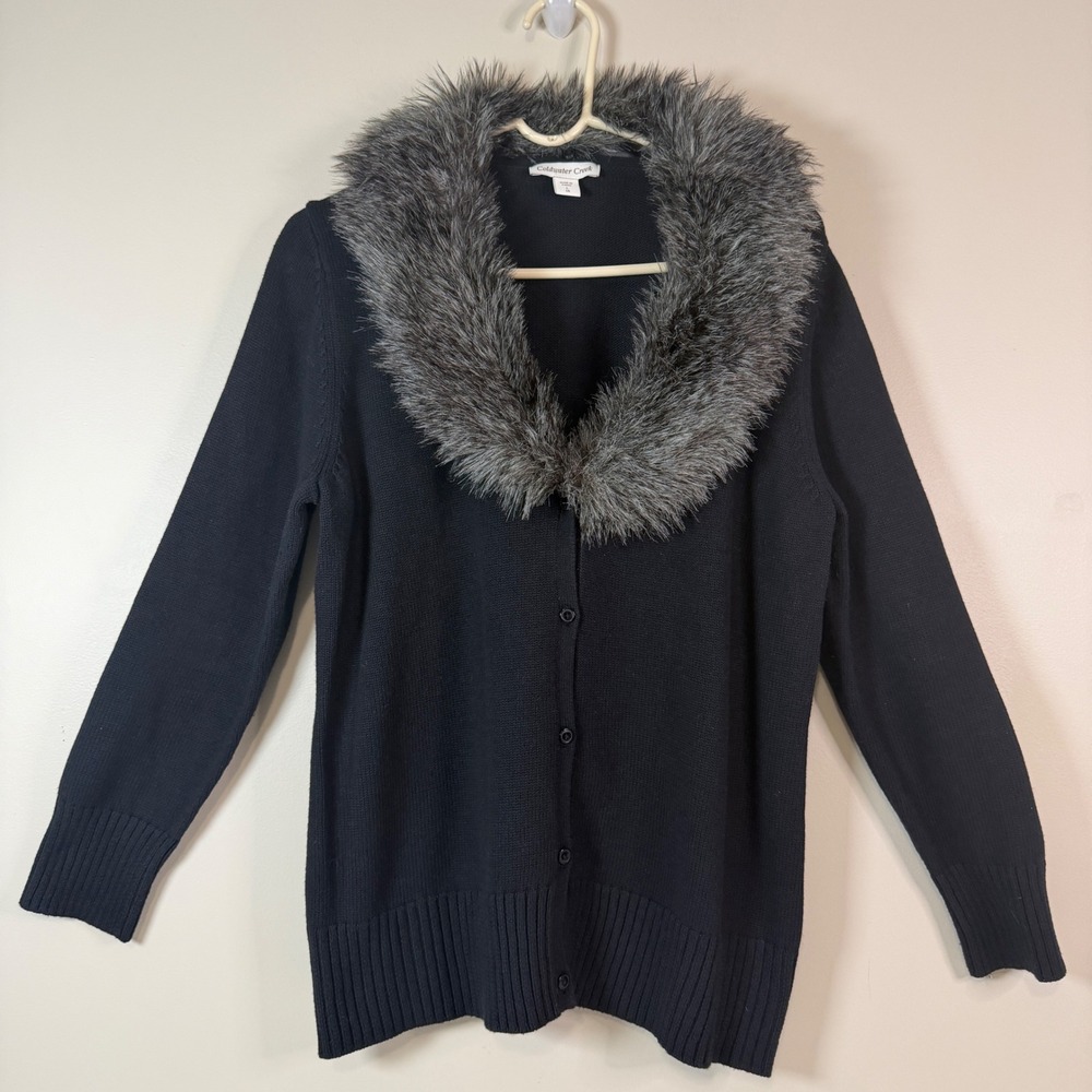 Coldwater Creek Faux Fur  V Neck Cardigan Sweater Mob Wife Versatile Classic